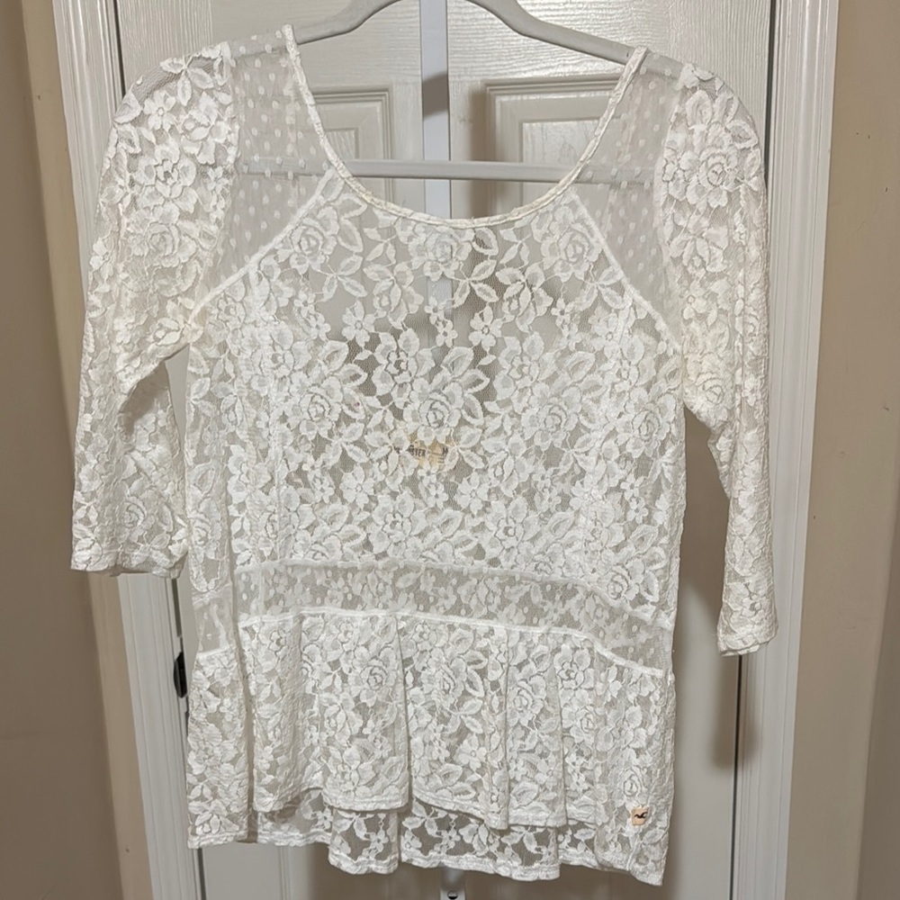 Hollister White Peplum Lace Blouse 3/4 Sleeve